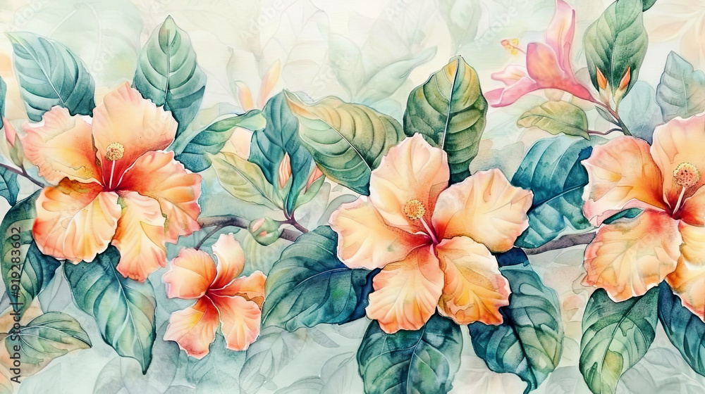 custom made wallpaper toronto digitalWatercolor allamanda detailing with fine brushes, intricate patterns and vibrant hues, light background