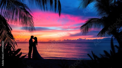 A couple in silhouette kissing as the sun sets on a tranquil beach, the vibrant colors of the sky adding to the dreamy, romantic ambiance of their tropical getaway.