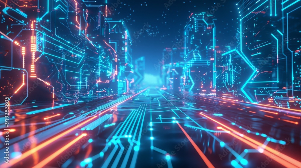 Futuristic digital landscape with neon lines and glowing circuit patterns, showcasing the essence of advanced technology in a vibrant blue hue. Futuristic digital landscape with neon lines and glowing circuit patterns, showcasing the essence of advanced technology in a vibrant blue hue.