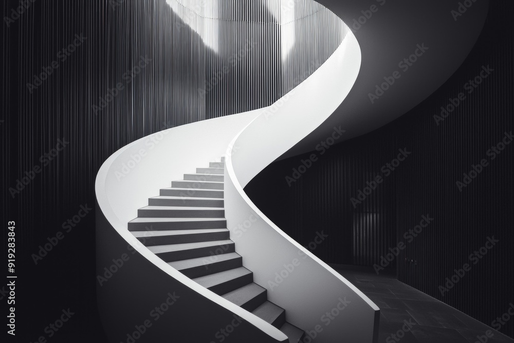 Obraz premium A white staircase spiraling upward in a dark, modern building. 