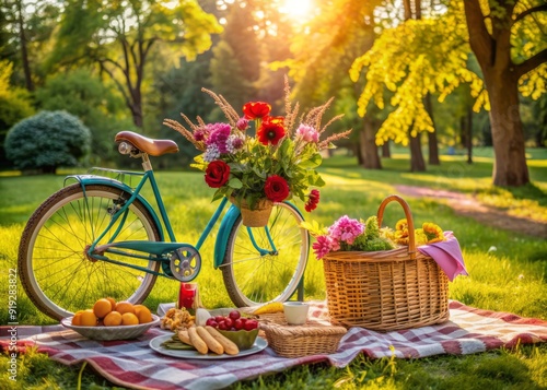 Serene park setting with colorful bike, wicker picnic basket, vibrant flowers, and strategically arranged mother's favorite dishes on a cozy blanket awaiting a lovely family gathering.
