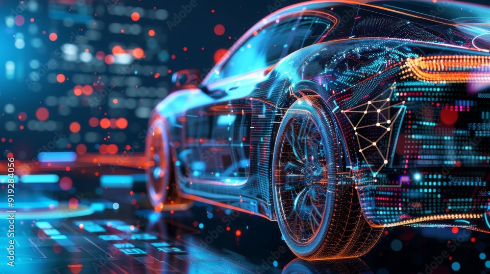 High-tech automotive engineering with a digital car design, illustrating advancements in vehicle technology and innovation in transportation. High-tech automotive engineering with a digital car design, illustrating advancements in vehicle technology and innovation in transportation.
