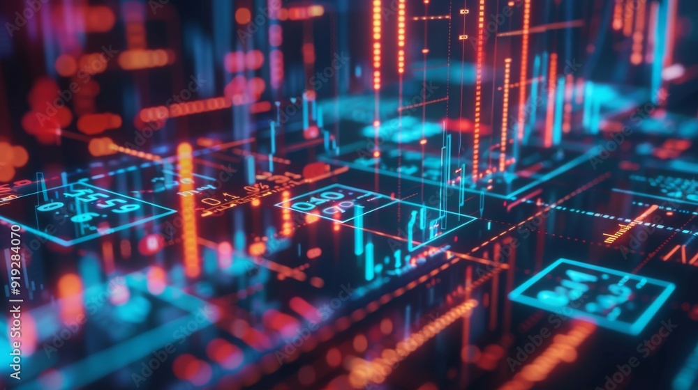 Obraz premium High-tech financial technology with digital graphs and currency symbols, emphasizing the integration of technology in modern finance.