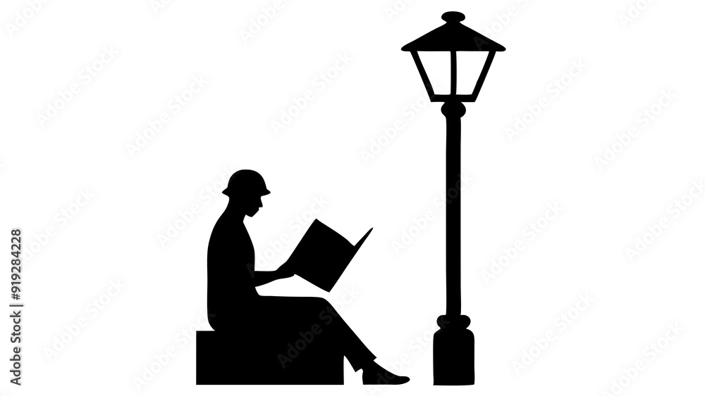 Person Reading a Book Under Streetlamp - Black & White Silhouette Illustration Person Reading a Book Under Streetlamp - Black & White Silhouette Illustration
