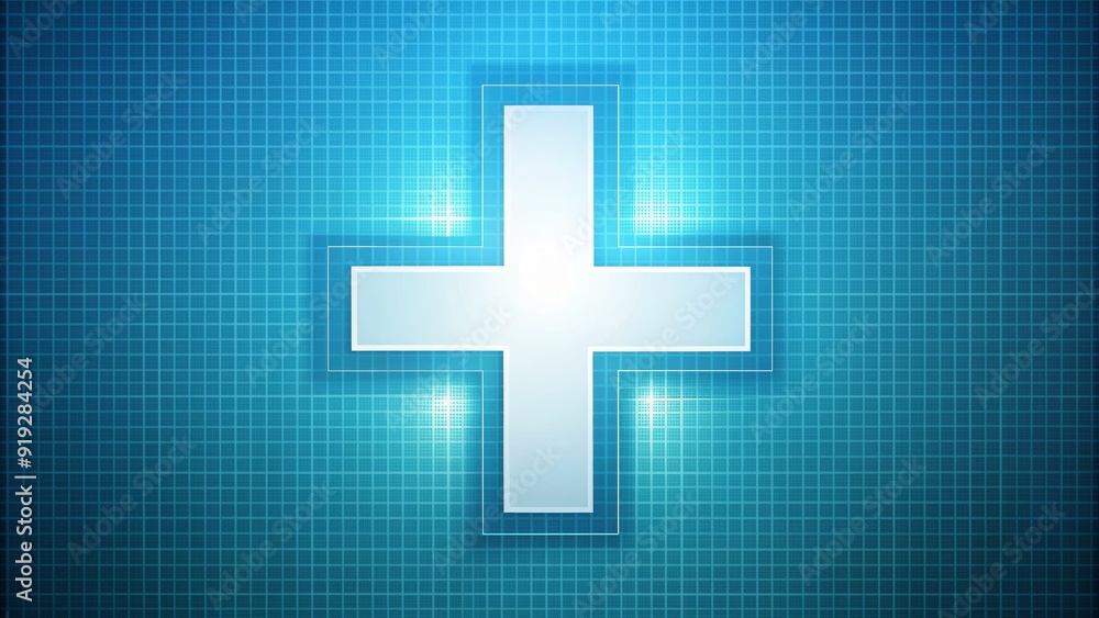 A white hospital cross symbol on a blue background with a subtle grid pattern, conveying healthcare, medicine, and spiritual guidance in a modern minimalist design.