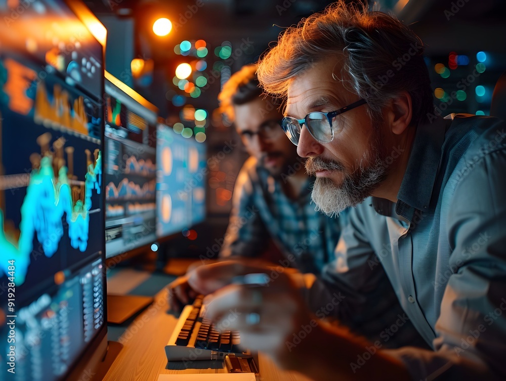 Professionals analyzing data trends on multiple screens in a dimly lit workspace at night Professionals analyzing data trends on multiple screens in a dimly lit workspace at night