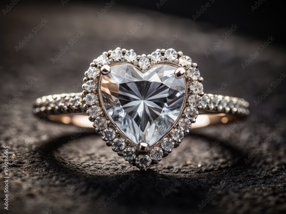 Sparkling heart-shaped diamond ring glimmers on a soft, velvety black background, surrounded by subtle shadows, showcasing its intricate details and brilliance. Sparkling heart-shaped diamond ring glimmers on a soft, velvety black background, surrounded by subtle shadows, showcasing its intricate details and brilliance.