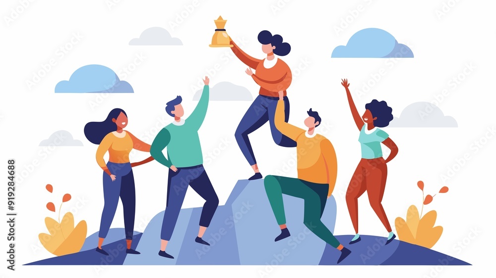 Fototapeta premium Lifting each other up to reach new heights. This scene showcases individuals supporting one another's goals and aspirations, highlighting the power of encouragement.
