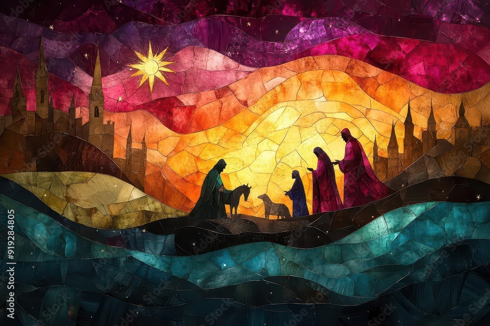 stylized nativity scene in rich jewel tones three wise men following star to bethlehem mary joseph and baby jesus bathed in ethereal light