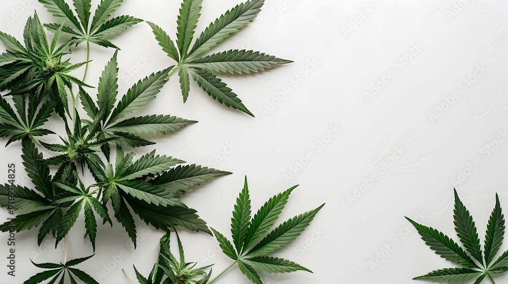 Marijuana leaves on a white background, close up top view on cannabis leaves and branches on white background for alternative medical and marketing design concept Marijuana leaves on a white background, close up top view on cannabis leaves and branches on white background for alternative medical and marketing design concept
