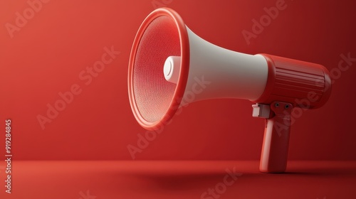 A red and white megaphone is placed on a striking red surface. This image captures the loud speaker from a side perspective, highlighting its shape and details against the bold backdrop.