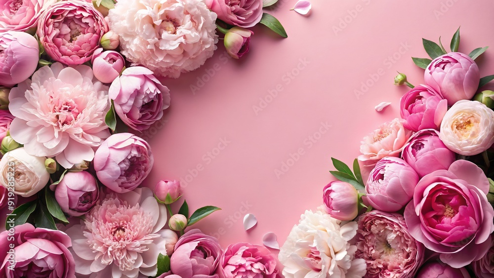 The arrangement of peonies and roses, artistically displayed with ample text space on a soft pink background. Perfect for adding a touch of floral elegance and a personalized message to your projects. The arrangement of peonies and roses, artistically displayed with ample text space on a soft pink background. Perfect for adding a touch of floral elegance and a personalized message to your projects.
