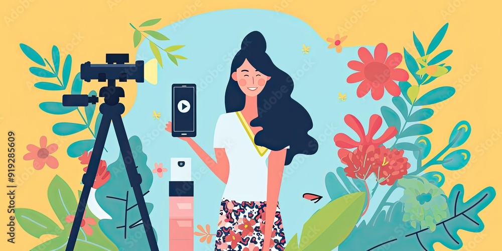 Woman filming video with flowers and camera. Woman filming video with flowers and camera.