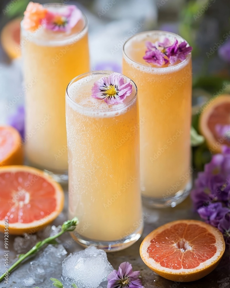 Mimosa Mayhem Ingredients: Champagne, Fresh Grapefruit Juice, Elderflower Liqueur, Honey Syrup, Ice Edible flowers for garnish Mimosa Mayhem Ingredients: Champagne, Fresh Grapefruit Juice, Elderflower Liqueur, Honey Syrup, Ice Edible flowers for garnish