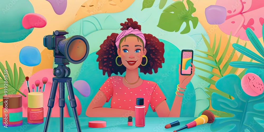 Woman vlogging about makeup with camera and phone. Woman vlogging about makeup with camera and phone.