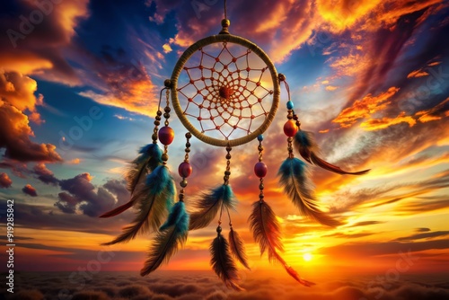 Vibrant dreamcatcher adorned with feathers and beads suspended against a breathtaking sunset sky, symbolizing spiritual protection and harmony with nature's raw beauty. photo