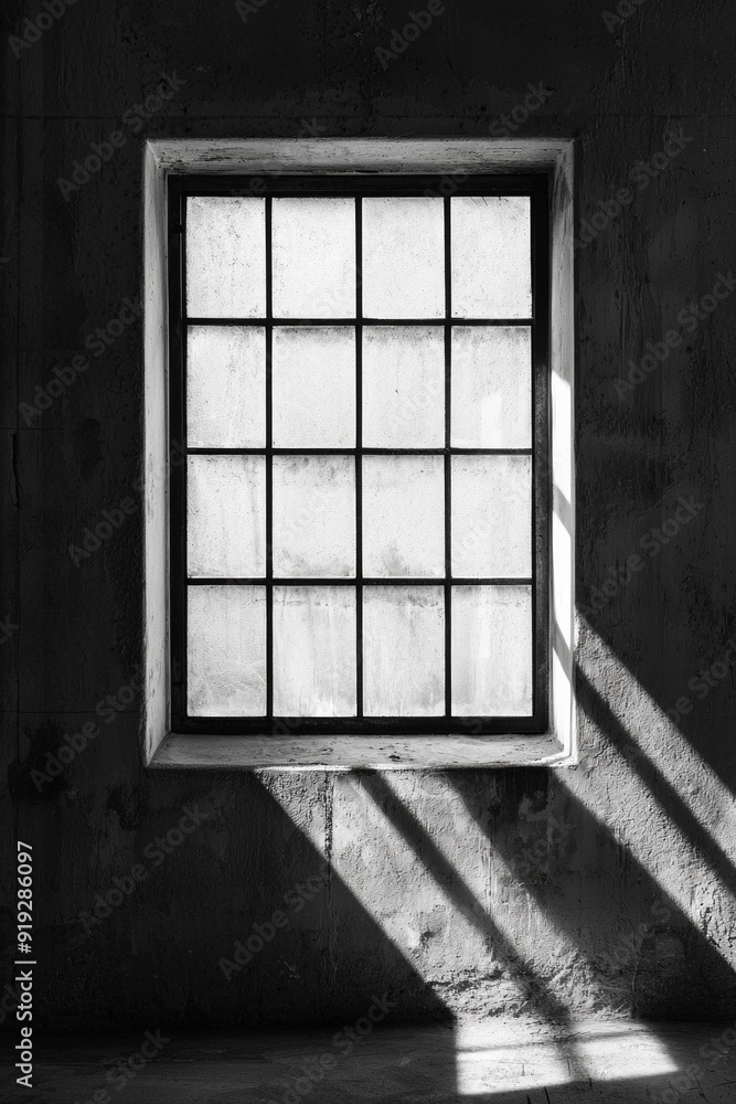 Obraz premium A window in a black-and-white industrial loft, with sharp sunlight casting dramatic shadows on concrete walls. 