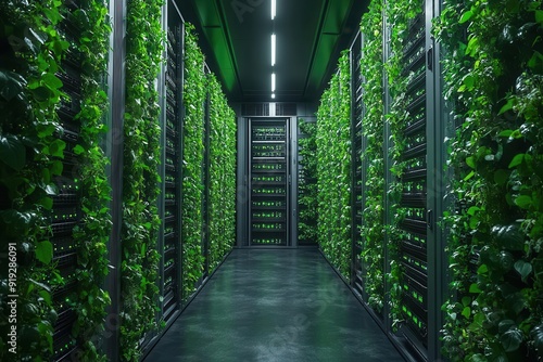 lush green server room with plants integrated into the technology sleek ecofriendly hardware bathed in soft natural light showcasing the harmony between nature and sustainable computing photo