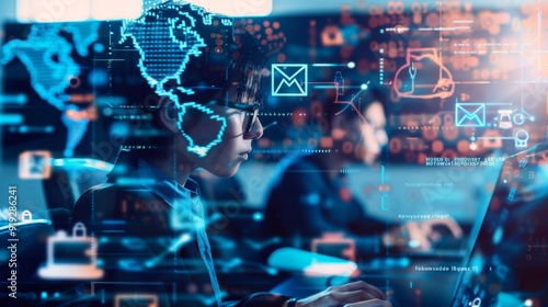 The concept of digital education with virtual classrooms and e-learning platforms, emphasizing tech innovations in teaching and learning.