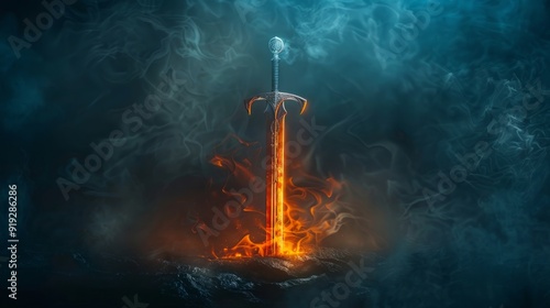 Glowing sword surrounded by smoke and flames on a dark background