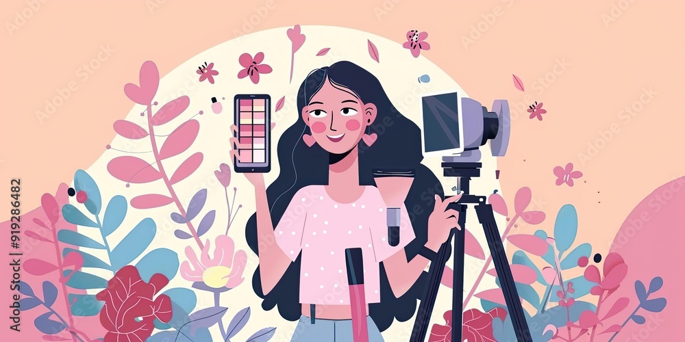 Woman filming makeup tutorial with camera. Woman filming makeup tutorial with camera.