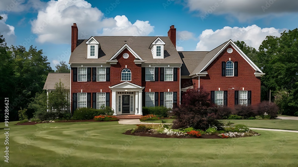 Three-Story Red Brick Home with White Accents, Black Shutters, and Lush Garden in Suburban Georgia Three-Story Red Brick Home with White Accents, Black Shutters, and Lush Garden in Suburban Georgia