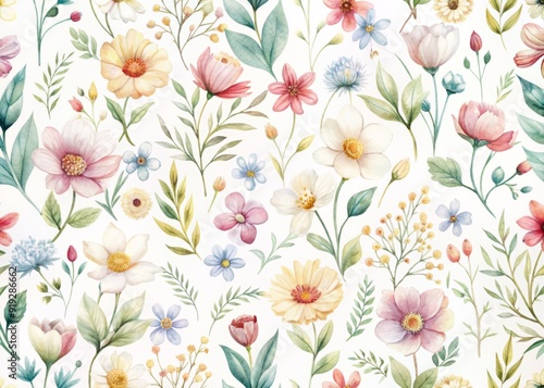 Delicate watercolor flower pattern on white background featuring simple, neutral blooms in bright pastel hues, perfect for fabric, home decor, and wrapping paper designs.