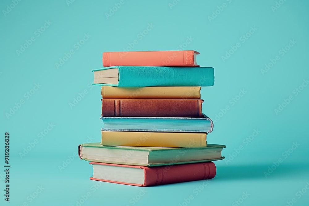 Stack of colorful books against a blue background. Stack of colorful books against a blue background.
