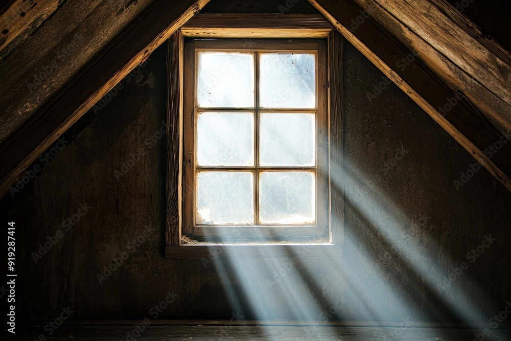 A window in a dimly lit attic, with a single beam of sunlight piercing through the dusty glass. A window in a dimly lit attic, with a single beam of sunlight piercing through the dusty glass.