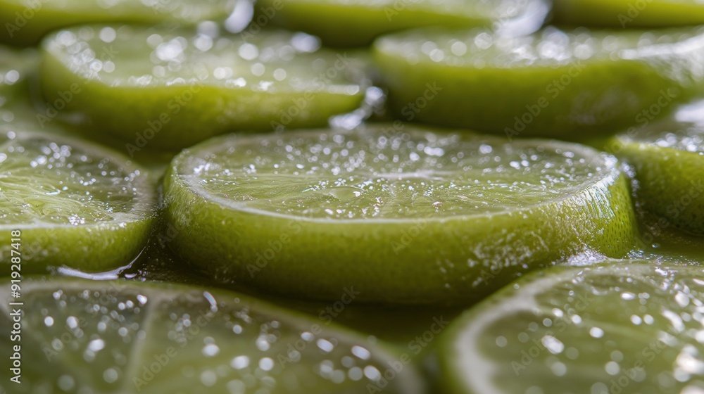 A detailed close-up of fresh lime slices covered in water droplets, highlighting the vibrant green color and juicy texture. A detailed close-up of fresh lime slices covered in water droplets, highlighting the vibrant green color and juicy texture.
