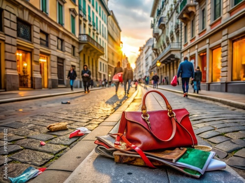 Vibrant city streets, empty except for a stylish designer purse and scattered fashion magazines, following a glamorous Milan Fashion Week event. photo