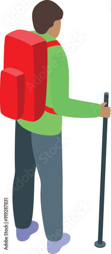 Young male tourist is enjoying his vacation by hiking in nature with a backpack and a trekking pole