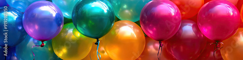 A group of multi-colored balloons tied together in a festive display. photo