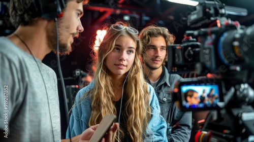 Obraz na płótnie Happy students are working on an audiovisual production with bright smiles in the background while brainstorming with cardboard and interacting with the camera. The scene is very realistic and lively. w salonie