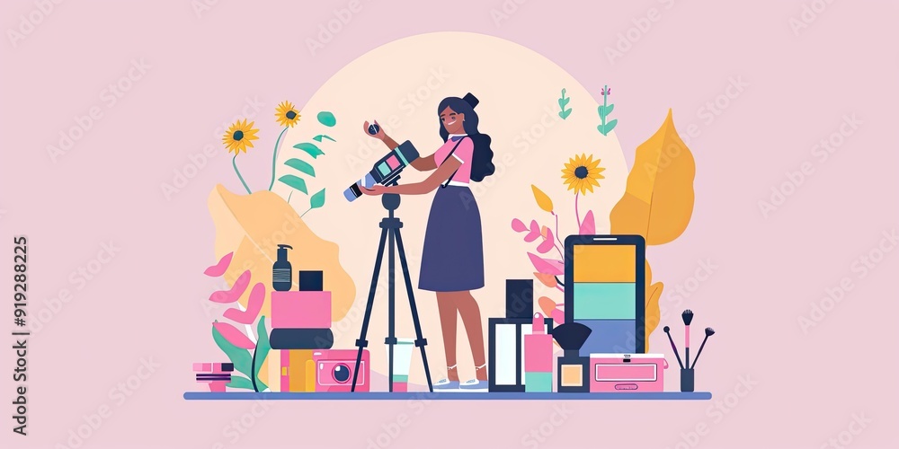 Woman films beauty products with camera. Woman films beauty products with camera.