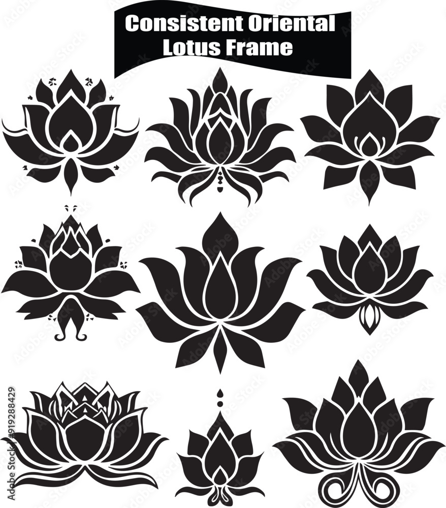 Fototapeta premium Consistent Oriental Lotus Frame Black Silhouette Vector Series