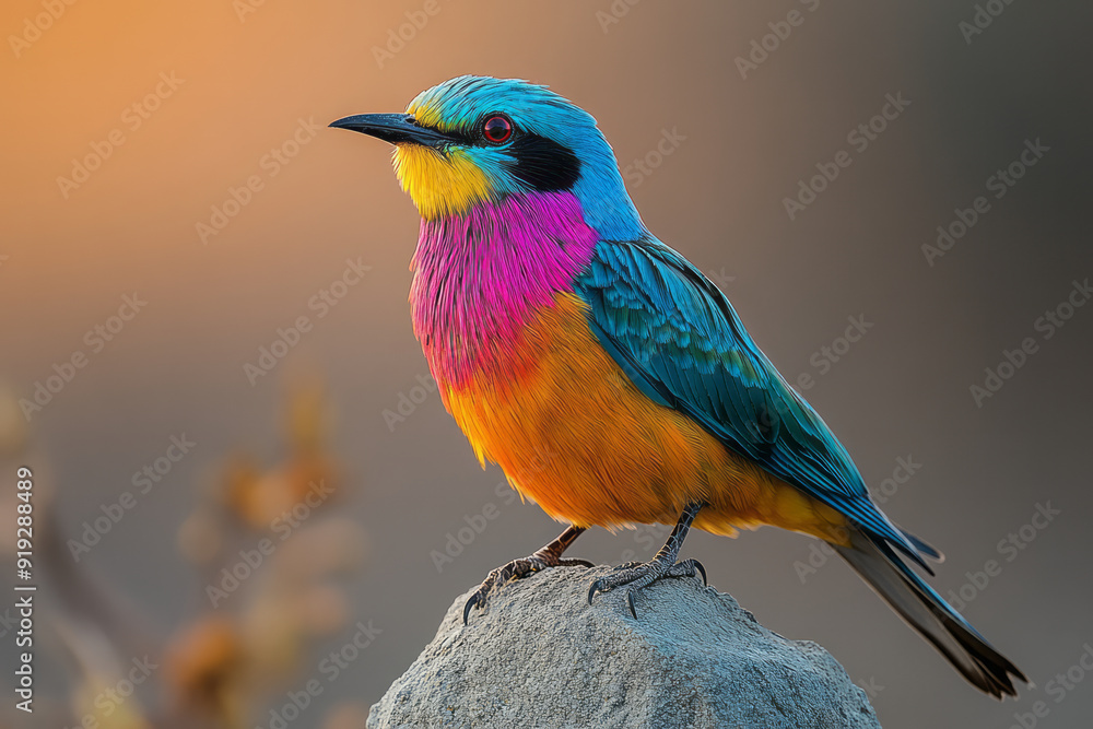 Fototapeta premium A brightly colored sentinel bird with iridescent feathers, perched atop an ancient stone pillar, watching over the land,