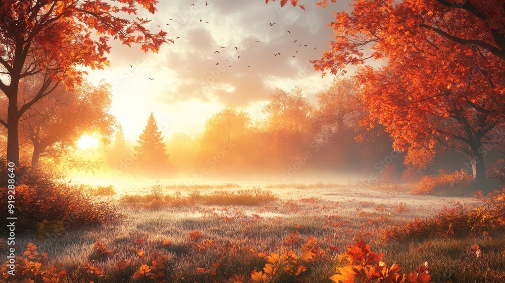 Autumn Forest Sunrise with Fog and Fallen Leaves Autumn Forest Sunrise with Fog and Fallen Leaves