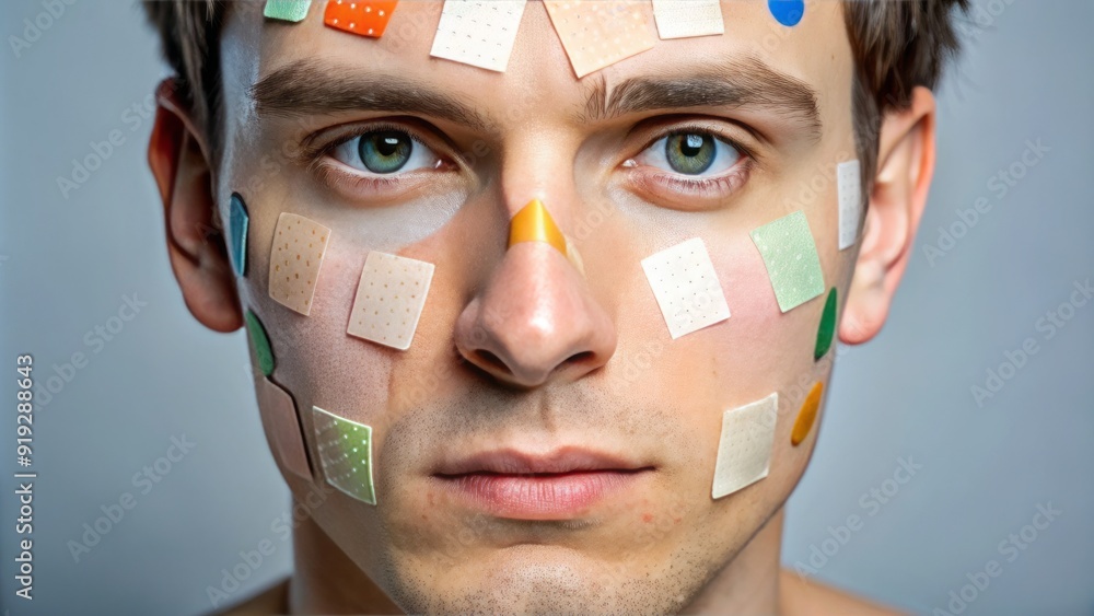 Close-up of a person's face with various skin test patches and stickers applied to the forehead, cheeks, and chin to determine skin type and sensitivities. Close-up of a person's face with various skin test patches and stickers applied to the forehead, cheeks, and chin to determine skin type and sensitivities.