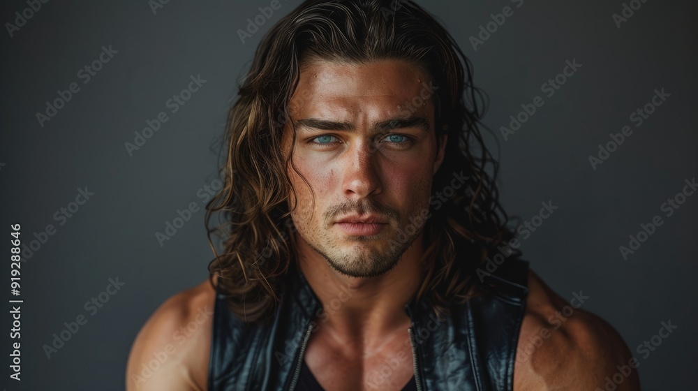 Young man with long hair poses against a gray background in dramatic lighting Young man with long hair poses against a gray background in dramatic lighting
