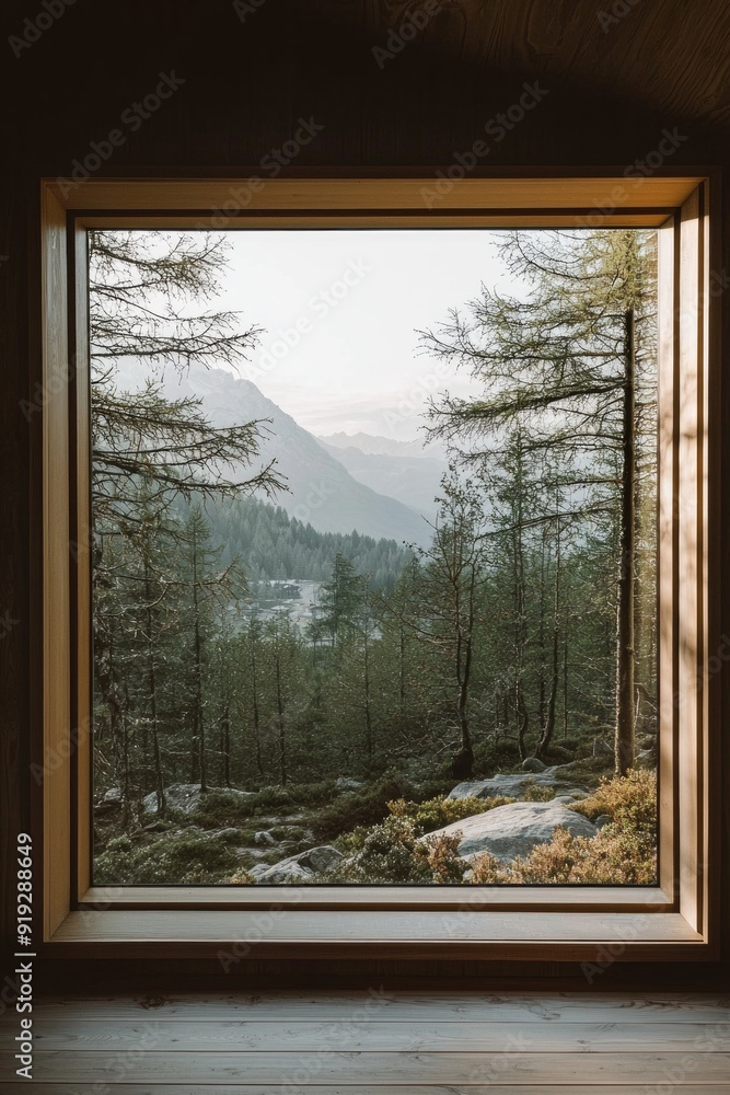 A window in a minimalist mountain retreat, with a view of a deep forest and distant peaks. A window in a minimalist mountain retreat, with a view of a deep forest and distant peaks.