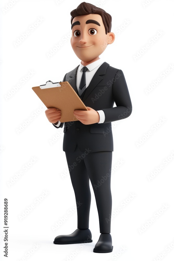3D character of a businessman holding a clipboard in a full body shot with a white background 3D character of a businessman holding a clipboard in a full body shot with a white background