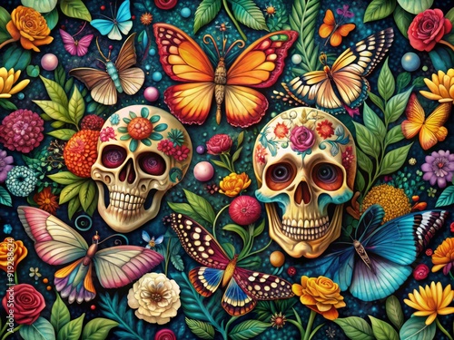 Whimsical illustration featuring vibrant butterflies, ornate skulls, florals, and foliage, blending delicate lines and intricate details in a mesmerizing celebration of nature's beauty.