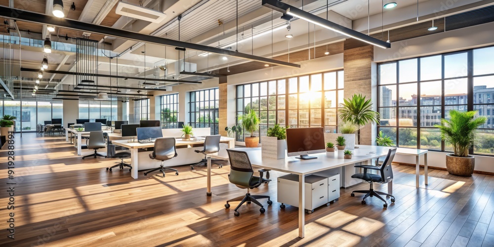 Picture a modern office layout with high ceilings - blured interior background for your presentation, copy space Picture a modern office layout with high ceilings - blured interior background for your presentation, copy space