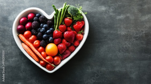 A heart-shaped dish filled with fruits and vegetables, symbolizing heart health and wellness, with a clean design and space for copy on a cholesterol-friendly diet.