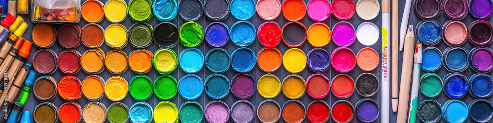 A variety of colorful items such as crayons, markers, and paints arranged into a collage. A variety of colorful items such as crayons, markers, and paints arranged into a collage.