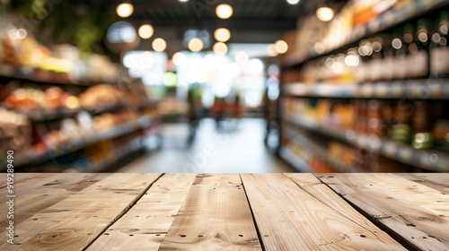 empty wood table on blur market background