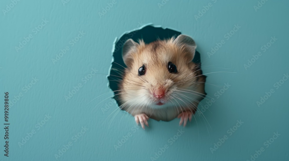 Curious hamster peeking through a hole in a blue wall Curious hamster peeking through a hole in a blue wall