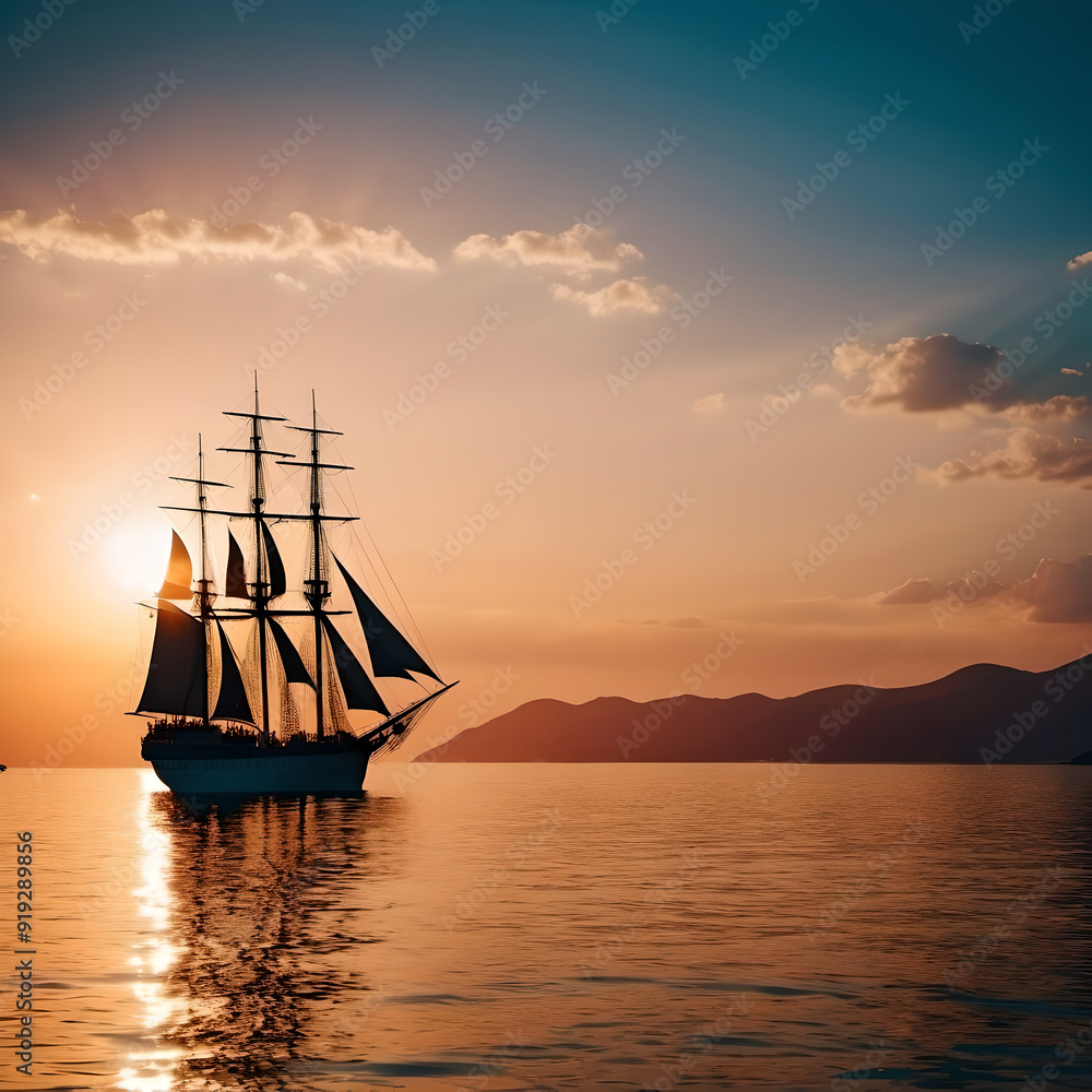Fototapeta premium sailing ship in the sunset