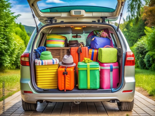 Overflowing car trunk packed tightly with vibrant suitcases, duffel bags, and colorful boxes, conveying excitement and anticipation for a fun-filled family road trip adventure. photo